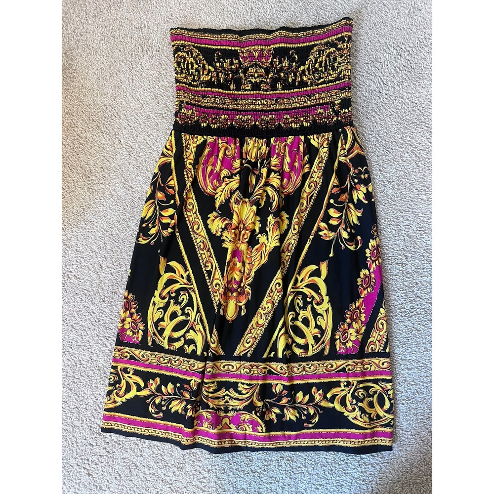 Cache Womens Strapless Smocked Baroque Print Mini Tube Dress Black Gold Pink L